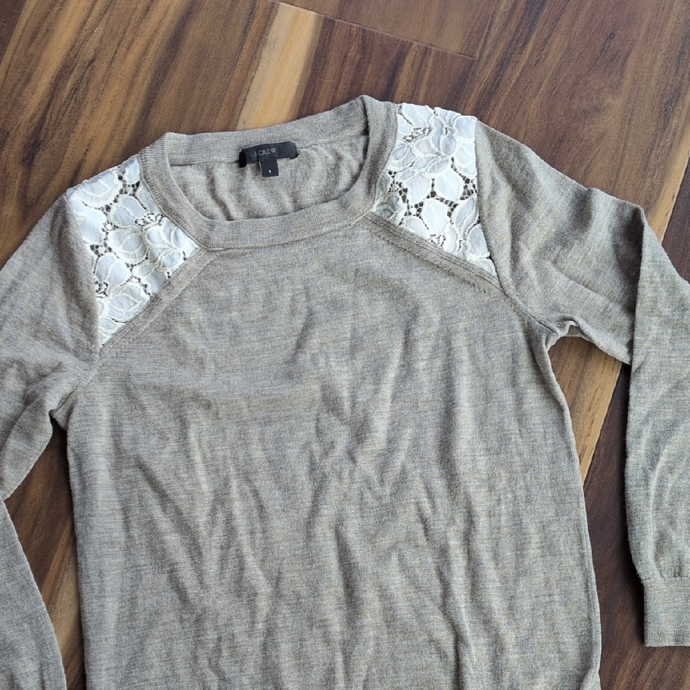 J. Crew Beige Sweater with White Lace Shoulder Panels